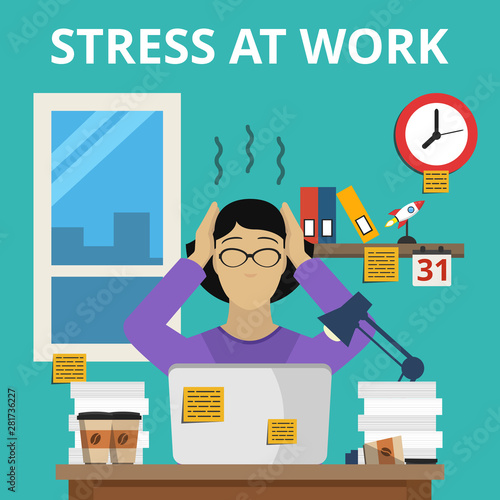 Stress situation on work. Overworked and tired businesswoman or office worker sitting at her desk in night time. Flat vector illustration.