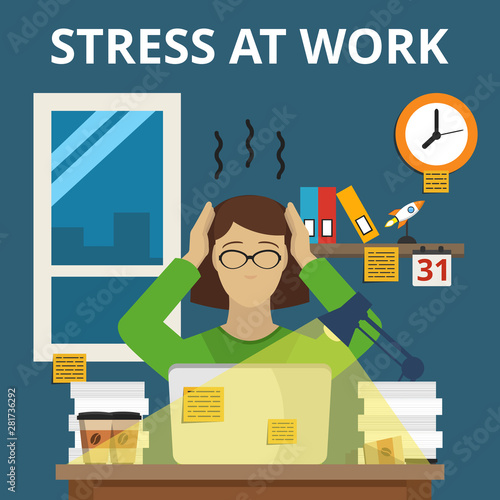 Stress situation on work. Overworked and tired businesswoman or office worker sitting at her desk in night time. Flat vector illustration.