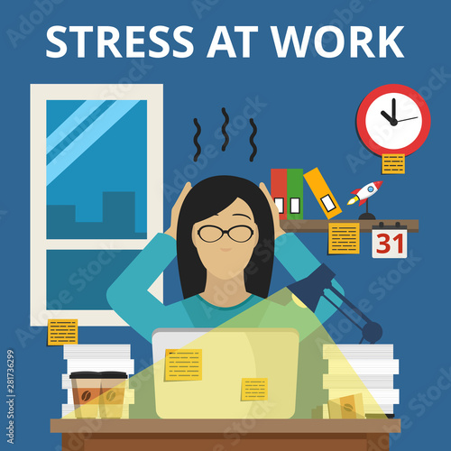 Stress situation on work. Overworked and tired businesswoman or office worker sitting at her desk in night time. Flat vector illustration.