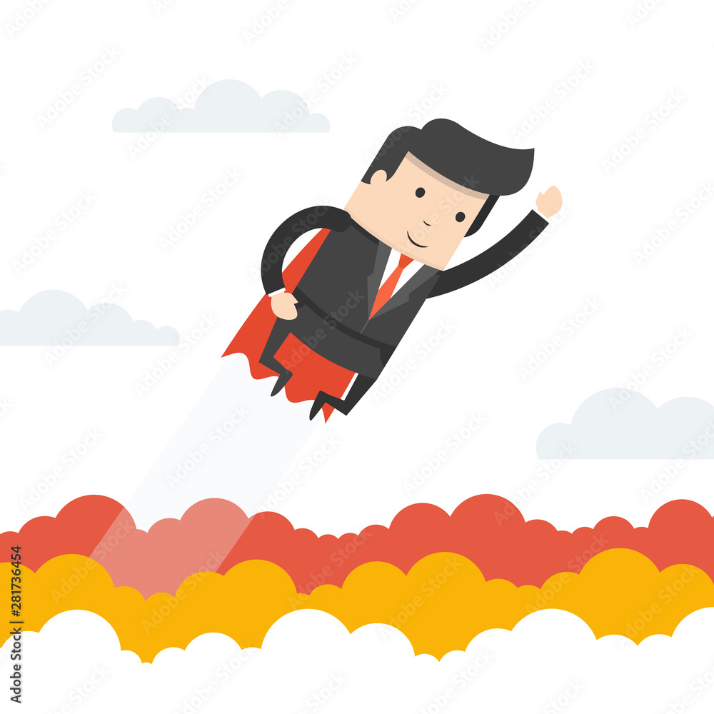 Super businessman in red cape flying to success. Business concept. Flat cartoon style. Vector illustration. Super businessman in red cape flying to success. Business concept. Flat cartoon style. Vector illustration.