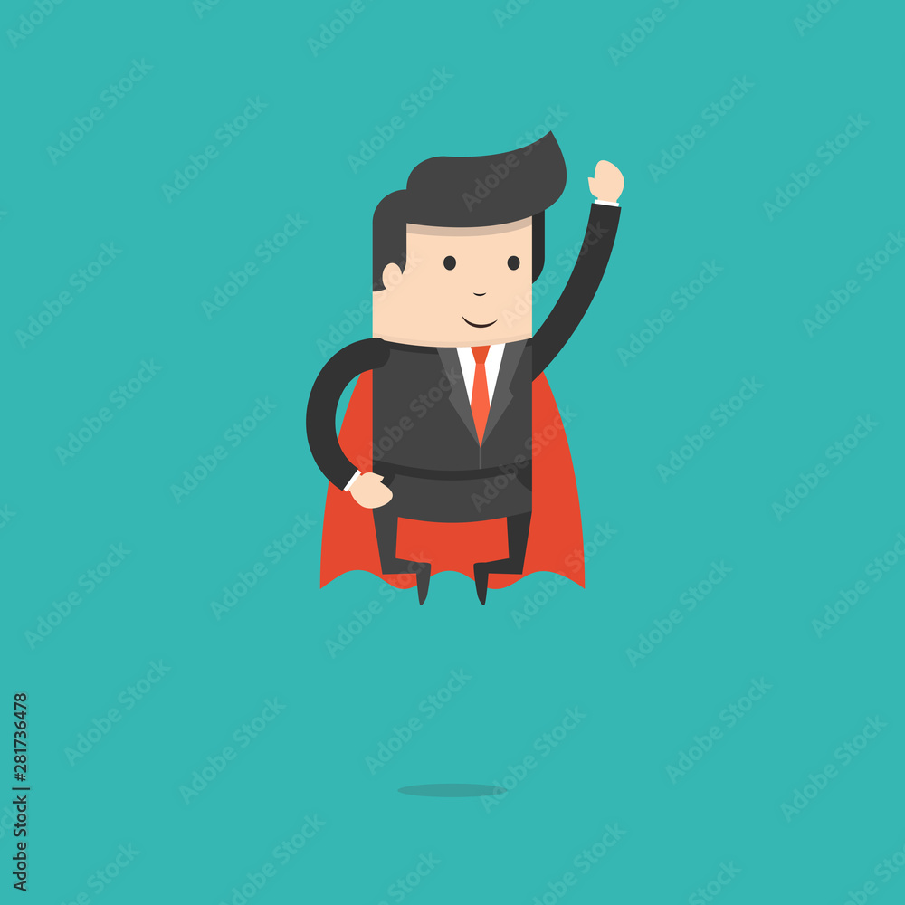Super businessman in red cape flying to success. Business concept. Flat cartoon style. Vector illustration.