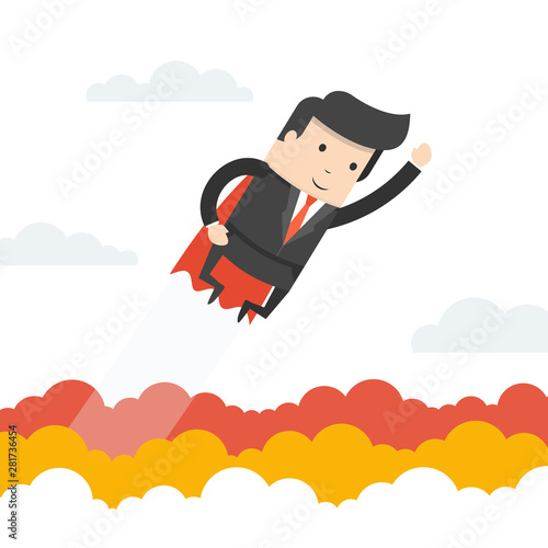 Super businessman in red cape flying to success. Business concept. Flat cartoon style. Vector illustration.