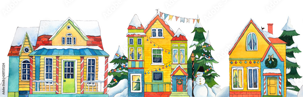Seamless border Watercolor Winter Street Village City with snowman, trees, flags, snow. Hand drawn watercolor illustrtion.