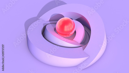 Abstract architecture background with soft ulraviolet arc shapes and shiny red core sphere with light. 3D illustration