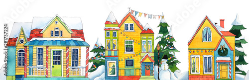 Seamless border Watercolor Winter Street Village City with snowman  trees  flags  snow. Hand drawn watercolor illustrtion.