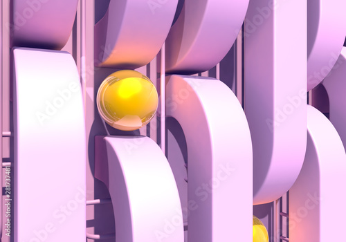 Abstract background with pink square pipes and shiny golden balls. 3D illustration