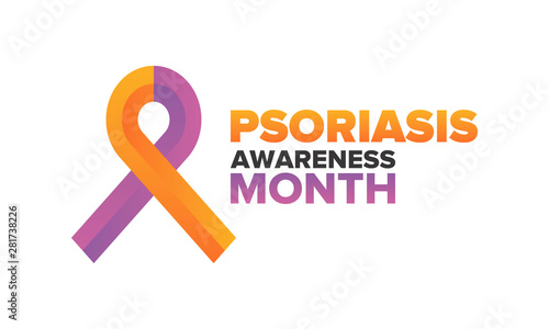 Psoriasis Awareness Month in August. Educate, inform, prevention in United States. Dermatology, skin body problems. Health care. Orchid and Orange ribbon. Poster, card, banner and background. Vector