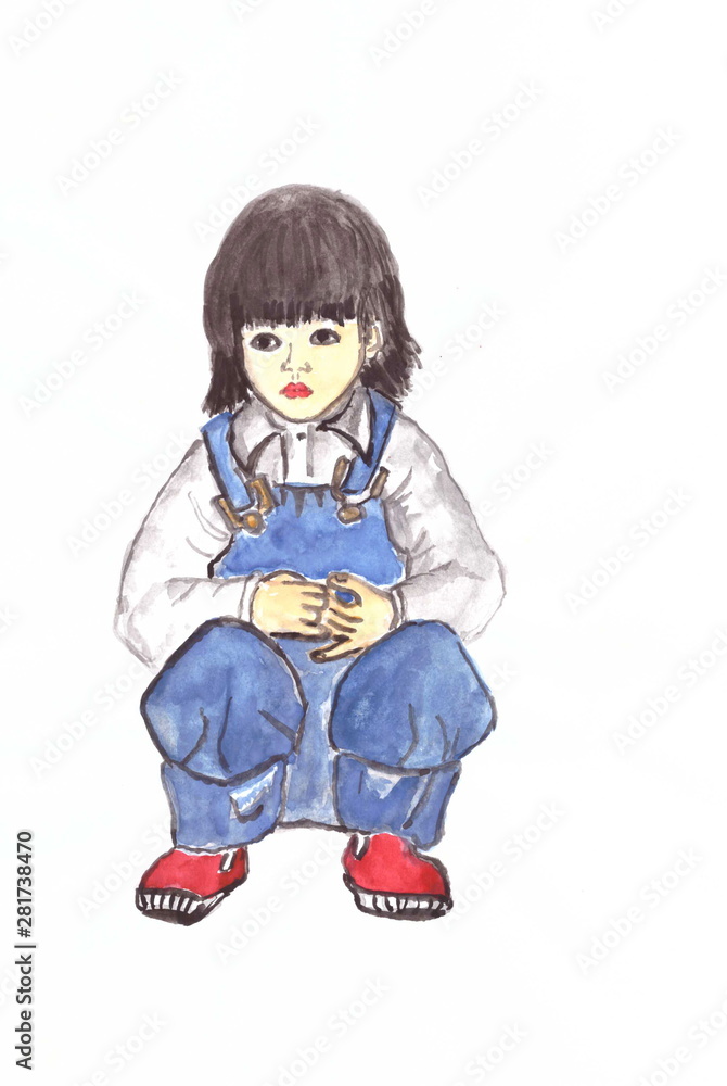 Drawing with watercolors: A child in blue overalls is sitting.