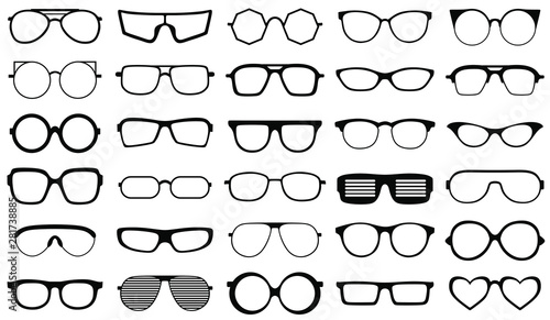 Glasses frames silhouette. Retro glasses, eye health eyewear and rim sunglasses silhouettes. Vector isolated glasses set looking shape frames ocular. Accessory design. Isolated vector icons set. 
