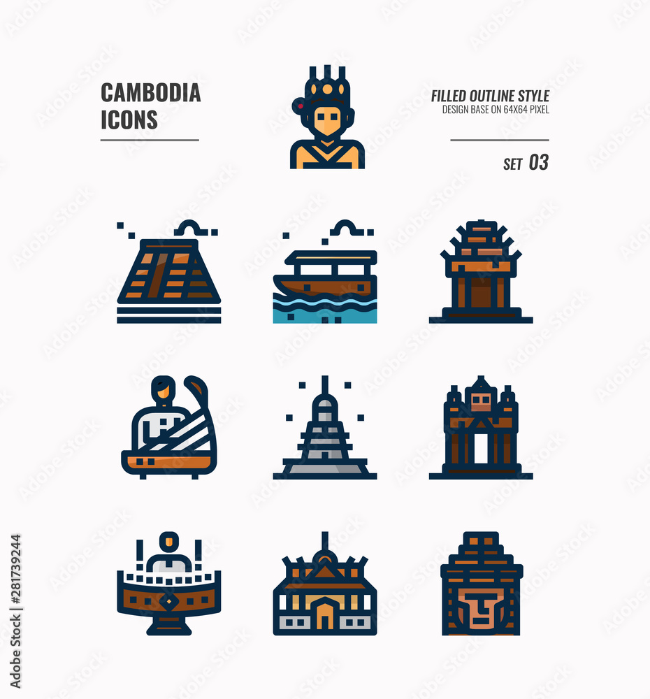 Cambodia icon set 3. Include landmark, music, people, culture and more. Filled Outline icons Design. vector illustration Cambodia icon set 3. Include landmark, music, people, culture and more. Filled Outline icons Design. vector illustration