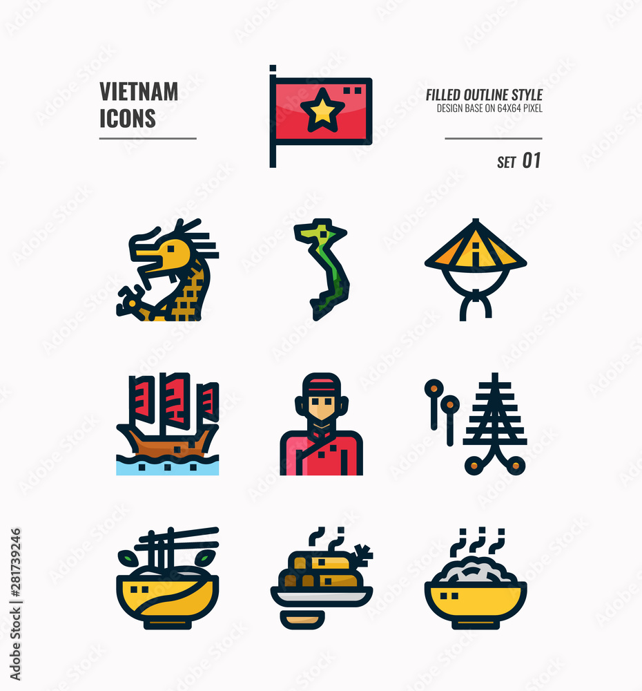 Vietnam icon set 1. Include flag, landmark, people, food and more. Filled Outline icons Design. vector illustration