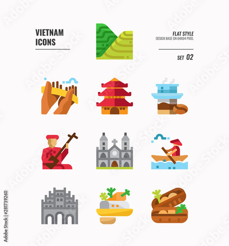 Vietnam icon set 2. Include landmark, people, food, culture and more. Flat icons Design. vector illustration