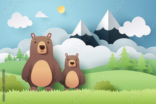 Paper craft of bear and forest
