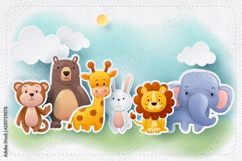 Obraz Papierowe rzemiosło z kolor wody zwierząt zoo kartkę z życzeniami