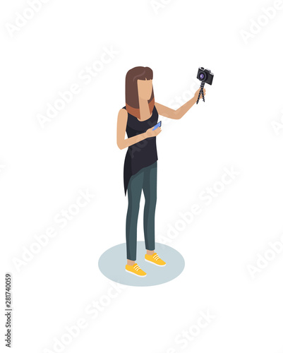 Vloger or blogger hipster girl with modern camera and smartphone devices in hands. Photography profession or hobby vector isometric person isolated