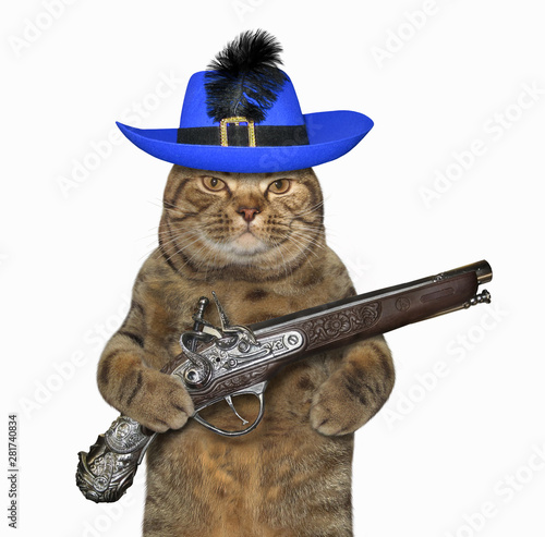 The cat musketeer in a blue hat with a feather holds a flintlock pistol. White background. Isolated. photo