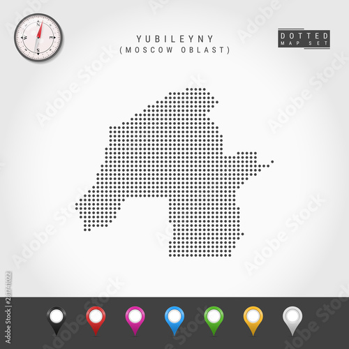 Vector Dots Map of Yubileyny, Moscow Oblast. Vector Compass. Multicolored Map Pins