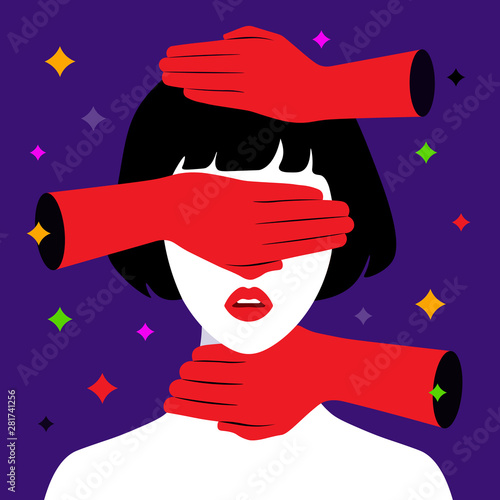 Domestic violence. Abuse Portrait of a woman with closed eyes and hand that is stifling. Vector flat illustration