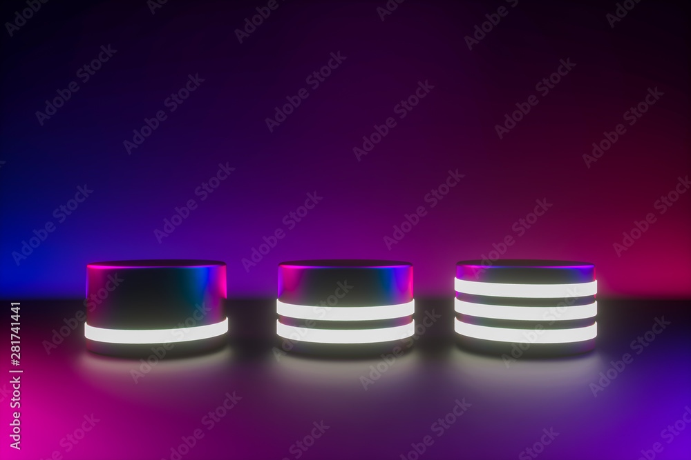 Blue pink neon light, empty postament, 80's retro style, fashion show stage, abstract background. Ultraviolet light. 3d rendering Blue pink neon light, empty postament, 80's retro style, fashion show stage, abstract background. Ultraviolet light. 3d rendering