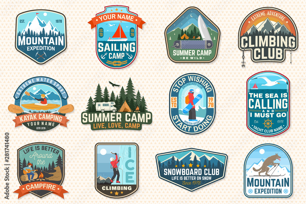 Set of sailing camp, canoe and kayak club patches. Vector. Concept for shirt, print, stamp or tee. Outdoor adventure patches.