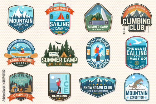 Set of sailing camp, canoe and kayak club patches. Vector. Concept for shirt, print, stamp or tee. Outdoor adventure patches.