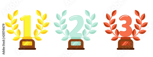 Prize trophies. Golden first place cup award, silver laurel wreath and awards bronze trophies. Trophy cups, winners awarding prize or sport rewards flat illustration