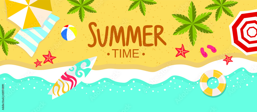 Vector summer beach with beach umbrellas, waves, coconut tree and surfing board. Summer banner vector illustration, Top view of Summer beach with sun umbrella, yellow rubber ring, picnic mat.