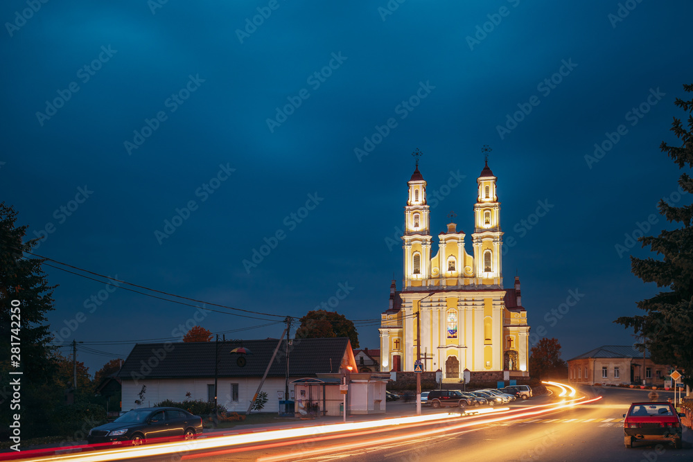 Hlybokaye Or Glubokoye, Vitebsk Region, Belarus. Church Of Sts. Trinity In Evening Night Lighting Illuminations