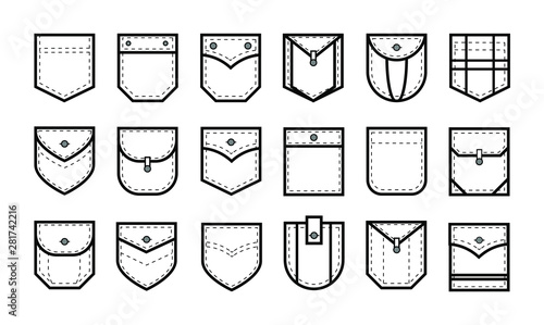 Patch pocket. Uniform clothes pockets patches with seam, patched denim pocket line. Casual style pocketful dress clothes, shirt arms pocket icons. Isolated icon vector set photo