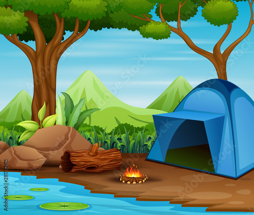 Summer tourist camp in forest near lake