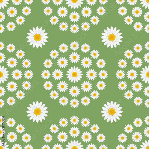 White daisy seamless pattern. Beautiful daisy flowers on a green background. For fabric, cloth, backdrop, textile, texture, wallpaper, web sites etc. EPS-10 vector, printable CMYK colors.