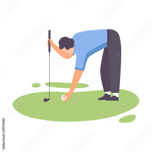Man Playing Golf, Male Golfer Athlete Training with Golf Club on Course with Green Grass, Outdoor Sport or Hobby Vector Illustration