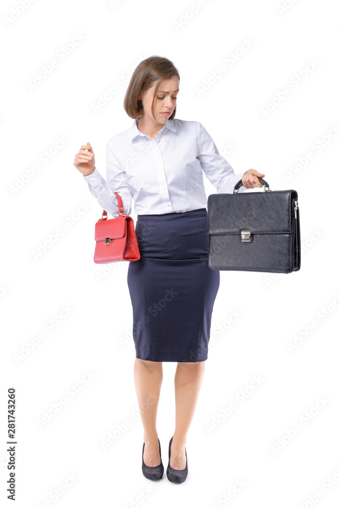 Sad businesswoman with different bags on white background. Concept of balance between work and leisure Sad businesswoman with different bags on white background. Concept of balance between work and leisure