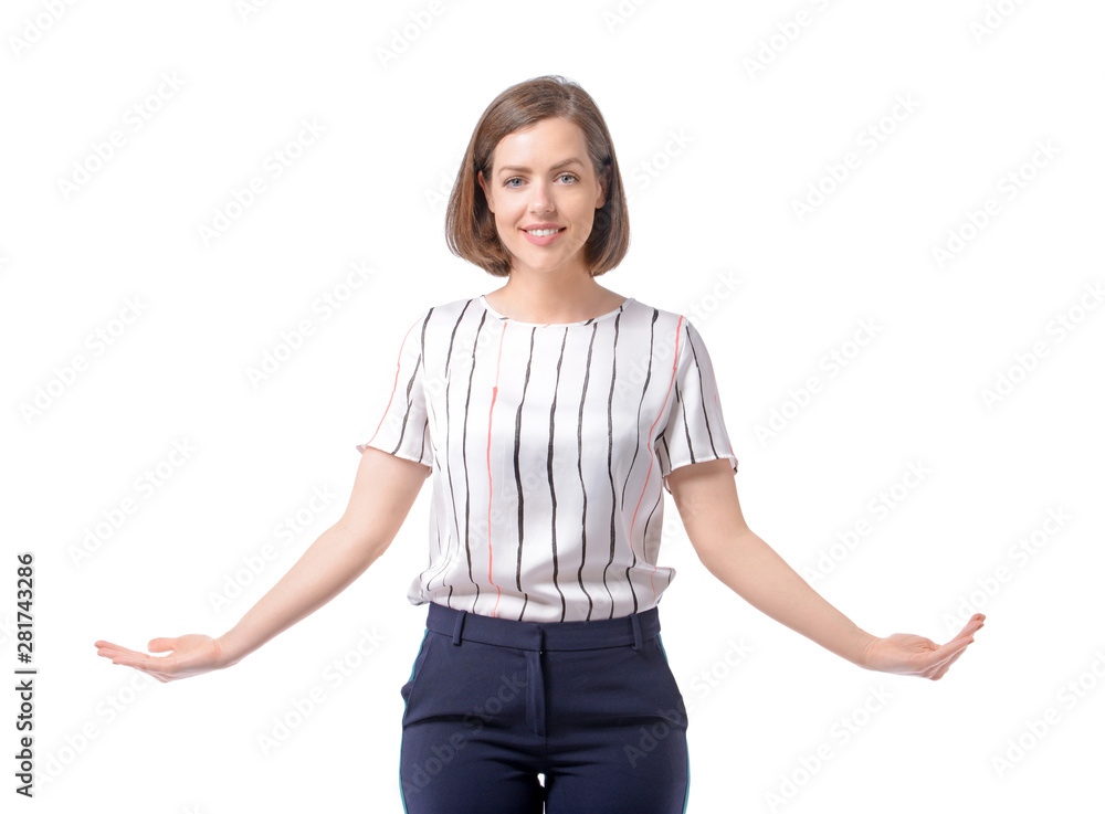 Beautiful young businesswoman holding something on white background Beautiful young businesswoman holding something on white background
