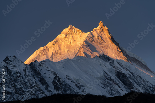 Manaslu peak at sunrise, eighth highest peak in the world in Himalayas range, Nepal