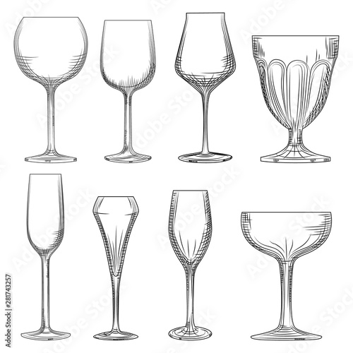 Different wine glass. Hand drawn empty sparkling, champagne and wine