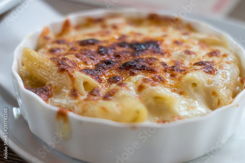American mac and cheese, macaroni pasta with cheesy sauce
