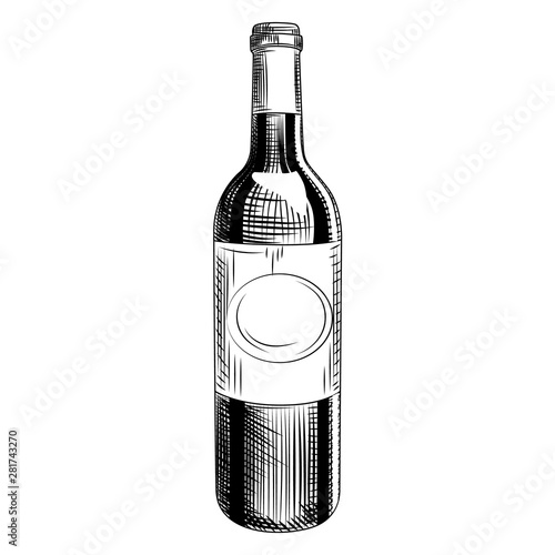 Hand drawn wine bottle. Engraving style. Isolated objects