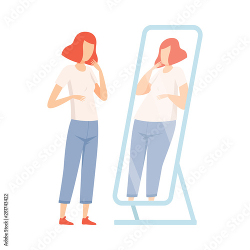 Slim Teen Girl Seeing Herself Fat in Mirror, Teenager Puberty Problem Vector Illustration