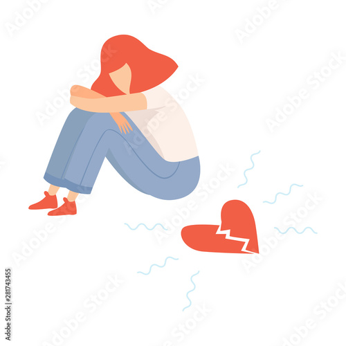 Unhappy Teen Girl with Broken Heart, Teenager Puberty Problem Vector Illustration