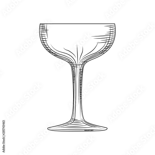 Saucer glass. Hand drawn champagne glass sketch. Empty sparkling wine glass.