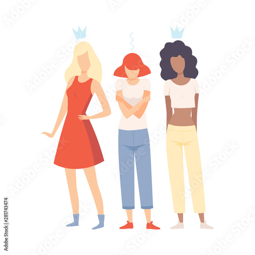 Sad Girl Standing Between Her Classmates, Naughty Teen Girls Mocking Her Vector Illustration