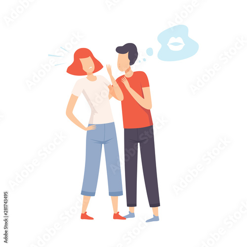 Teen Girl Resisting Kiss From Teen Boy, Unrequited, One Sided Love Vector Illustration