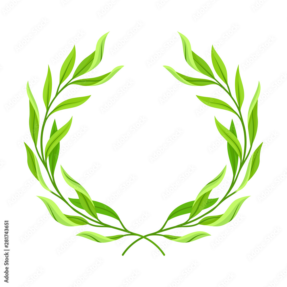 Wreath in the form of an open ring of branches with leaves. Vector illustration on white background.