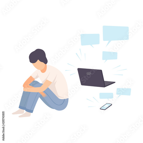 Depressed Teen Boy Sitting on Floor with Laptop Surrounded By Message Bubbles, Cyber Bullying Vector Illustration