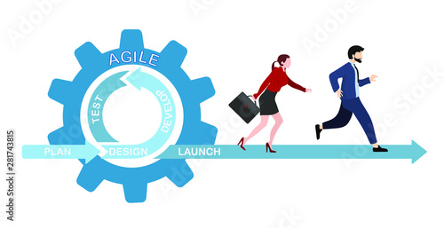 Agile development team. Professional business teamwork, flexible management and workflow projects plan vector illustration. Businesswoman in agile methods concept. Detail with the schedule.