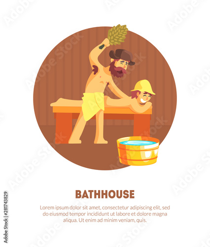 Russian Bathhouse Banner Template with Place for Text, Male Attendant Hitting Man Who Laying on Bench with Bunch of Birch Tree Twigs Vector Illustration