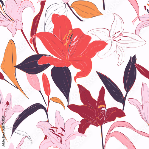Red lilies hand-drawn background. Vector summer flowers, isolated botany pattern. Garden bloom fabrics, flowery wrapping paper deign. Leaves and petals blossom graphics.