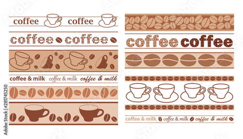 brown seamless borders with coffee grains and cups - vector set © olenadesign