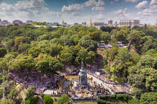 Kiev  Ukraine - July 27  2019  Prayer service near the monument to Vladimir the Great of the parishioners of the Ukrainian Orthodox Church before the beginning of the procession.